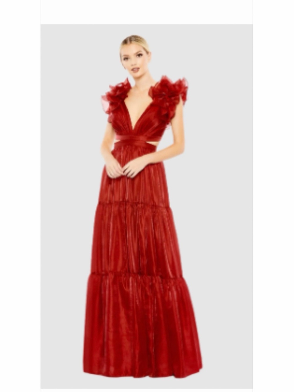Mac Duggal Red Ruffled-Shoulder Tiered V-Neck Maxi Gown - Picture 6 of 6